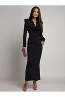 Elegancka Maxi Sukienka z marszczeniem Misty z długim rękawem czarna