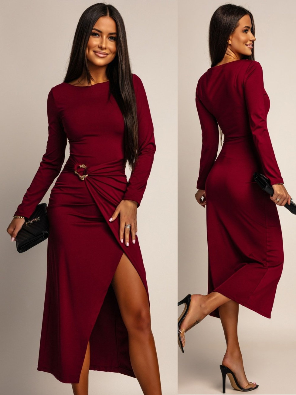 ELEGANCKA SUKIENKA MIDI ZE ZDOBIENIEM Ananya  bordowy