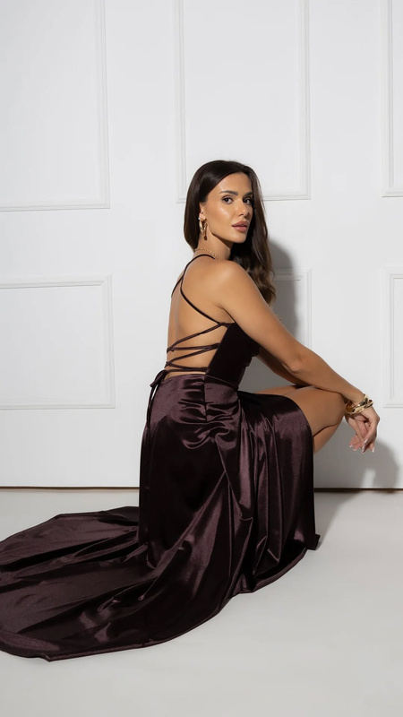 Sukienka wieczorowa Paula Maxi satin -czekoladowy