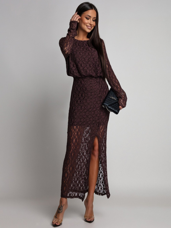 Dopasowana sukienka koronkowa z długim rękawem Makena czekoladowa