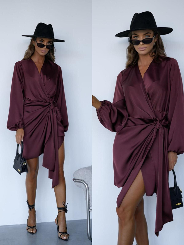 Satynowa sukienka kopertowa Selena czekoladowy