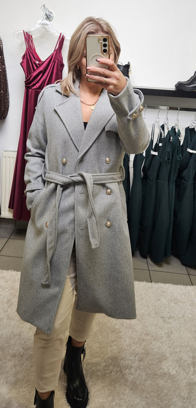 Klasyczne Wiązany Płaszcz Damski Coco - szary