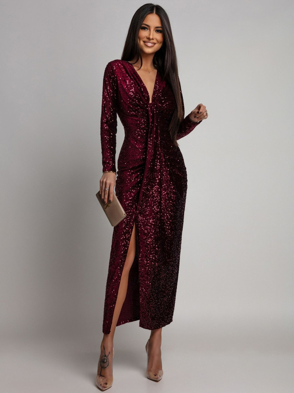 Elegancka Maxi Sukienka Cekinowa Wiola z długim rękawem bordowa