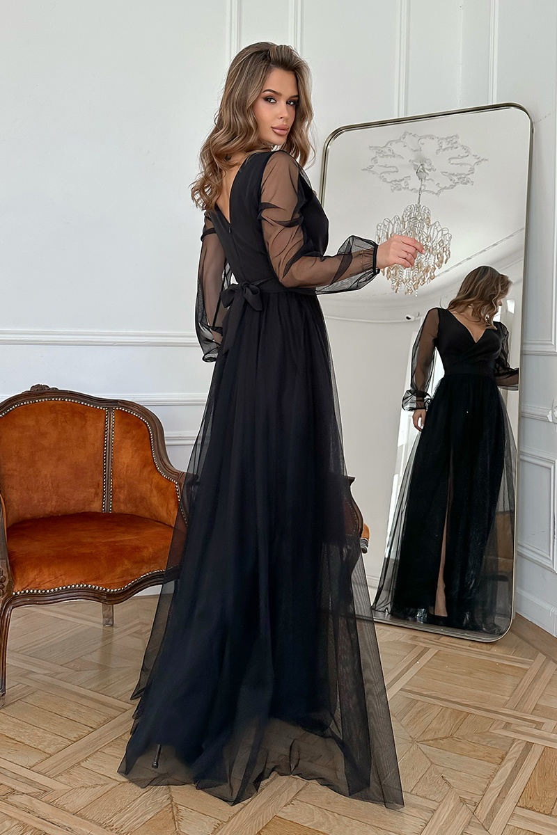 ELEGANCKA SUKIENKA MAXI  W Z DŁUGIM RĘKAWEM- czarny