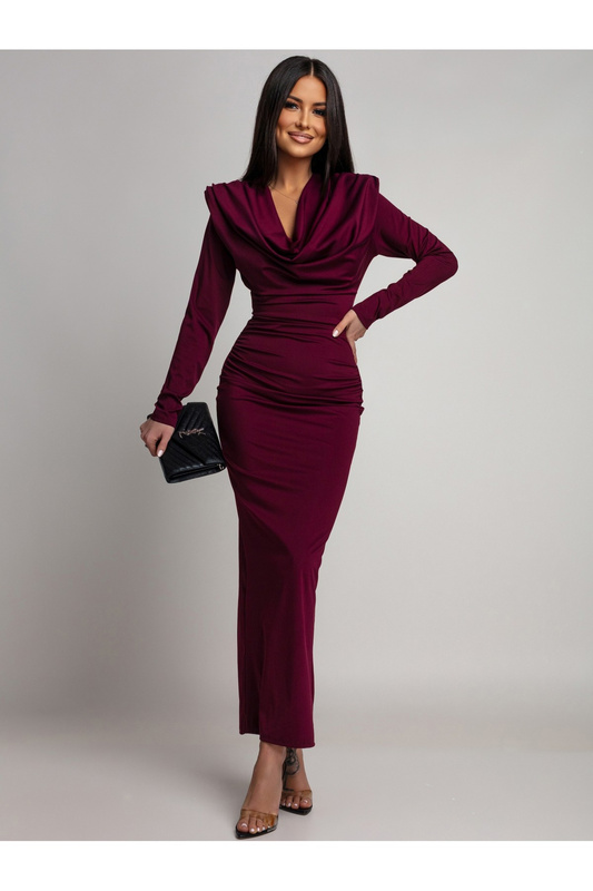 Elegancka Maxi Sukienka  z marszczeniem Misty z długim rękawem bordowa