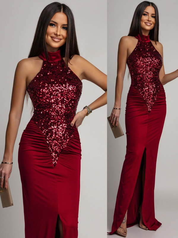 ELEGANCKA SUKIENKA MAXI Z CEKINAMI Iman BORDOWA