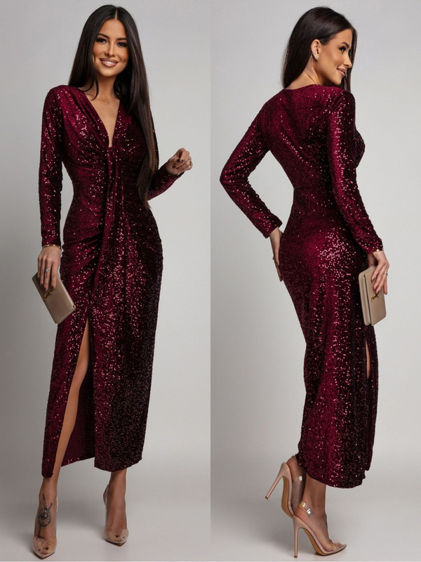 Elegancka Maxi Sukienka Cekinowa Wiola z długim rękawem bordowa