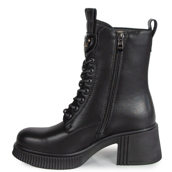 Botki damskie ze skóry naturalnej wysokie sznurowane na klocku czarne