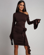 ELEGANCKA MINI DOPASOWANA SUKIENKA z długim rękawem Sarah  czekoladowy