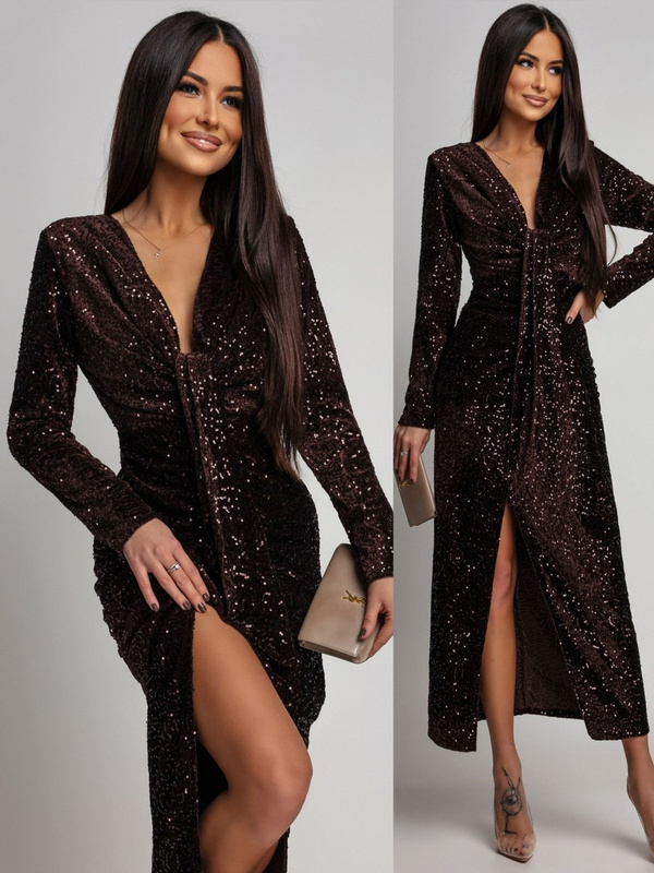 Elegancka Maxi Sukienka Cekinowa Wiola z długim rękawem czekoladowa