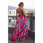 Długa Sukienka NINA  z dwoma rozporkami - turkusowa w fuksjowe kwiaty