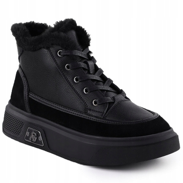 Botki damskie sneakersy ocieplane ze skóry naturalnej czarne