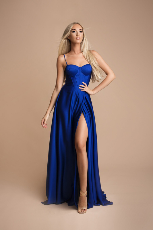 Elegancka  MAXI Sukienka satynowa EMMA -chabrowy