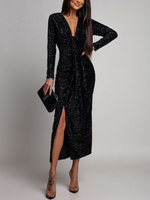 Elegancka Maxi Sukienka Cekinowa Wiola z długim rękawem czarna