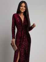 Elegancka Maxi Sukienka Cekinowa Wiola z długim rękawem bordowa