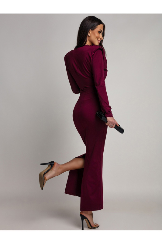 Elegancka Maxi Sukienka  z marszczeniem Misty z długim rękawem bordowa