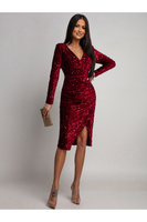 Elegancka Midi Sukienka z dugim rękawem cekinowa Rosalia bordowa