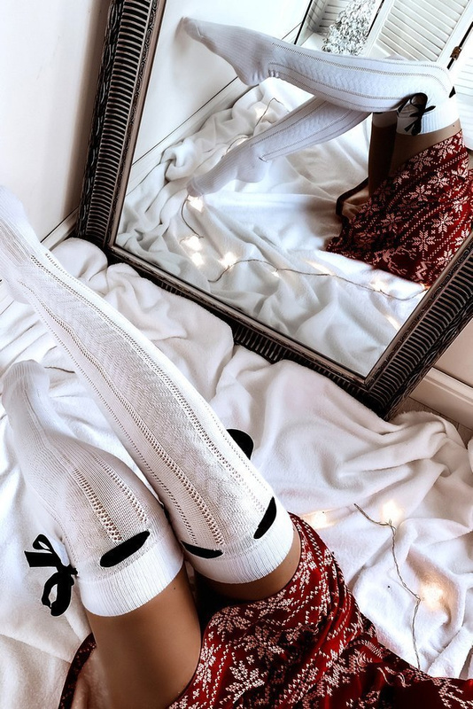 Damskie białe zakolanówki świąteczne Warkocz