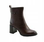 Botki damskie skórzane na obcasie ocieplane brązowe