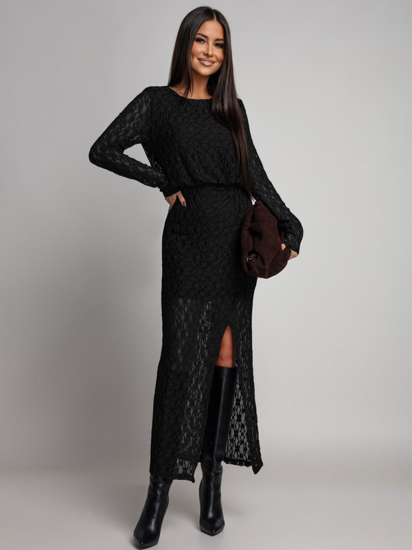 Dopasowana sukienka koronkowa z długim rękawem Makena czarna