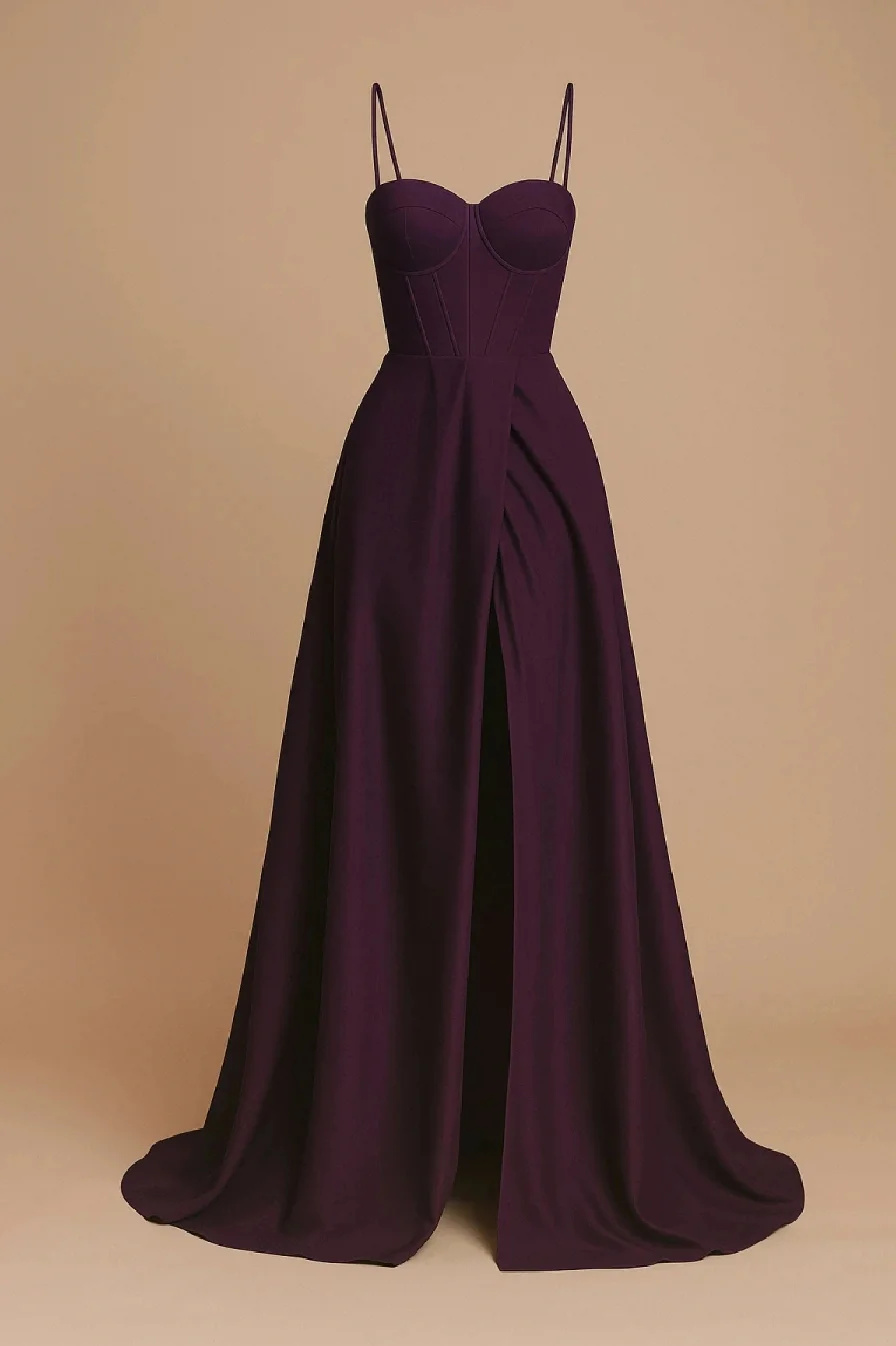 Elegancka  MAXI Sukienka satynowa EMMA bakłażan