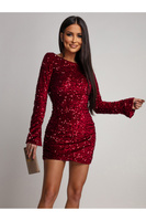 Elegancka Mini Sukienka z dugim rękawem cekinowa Morazio bordowy