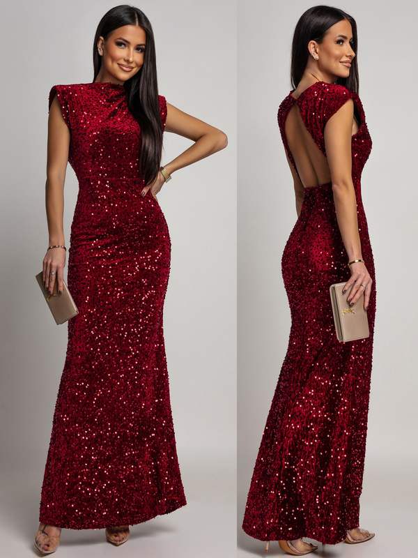 Elegancka Maxi Sukienka cekinowa Cavessa bordowy