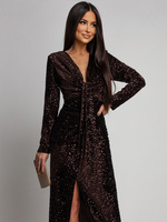 Elegancka Maxi Sukienka Cekinowa Wiola z długim rękawem czekoladowa