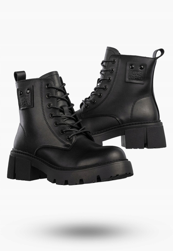 Botki damskie ze skóry naturalnej wysokie sznurowane na klocku czarne