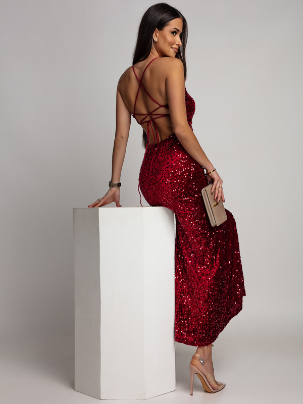 Elegancka Maxi Sukienka cekinowa Mika bordowy