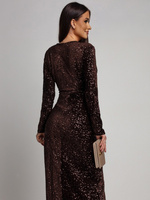 Elegancka Maxi Sukienka Cekinowa Wiola z długim rękawem czekoladowa