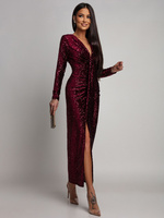 Elegancka Maxi Sukienka Cekinowa Wiola z długim rękawem bordowa