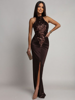 ELEGANCKA SUKIENKA MAXI Z CEKINAMI Iman  BRĄZOWA