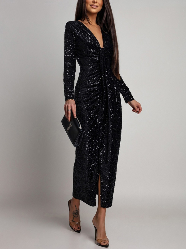Elegancka Maxi Sukienka Cekinowa Wiola z długim rękawem czarna