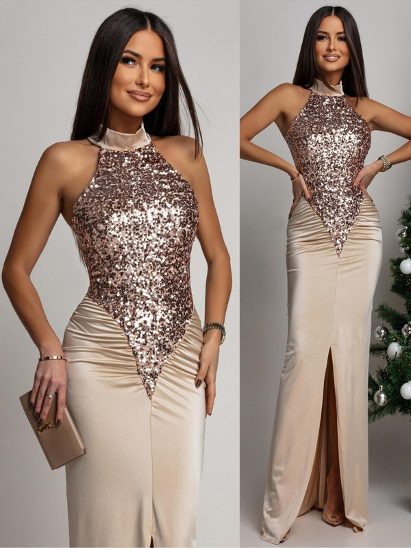 ELEGANCKA SUKIENKA MAXI Z CEKINAMI Iman Złota