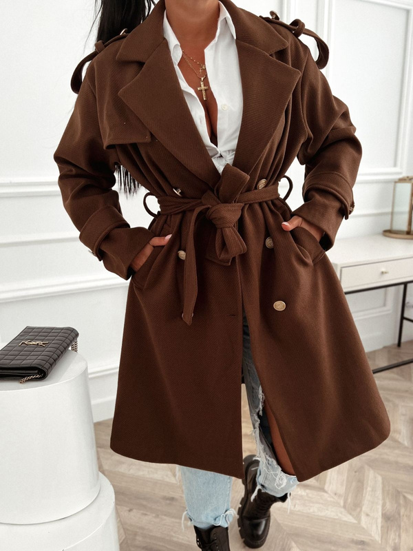 Klasyczne Wiązany Płaszcz Damski Coco - czekoladowy