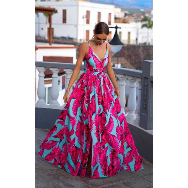 Długa Sukienka NINA  z dwoma rozporkami - turkusowa w fuksjowe kwiaty