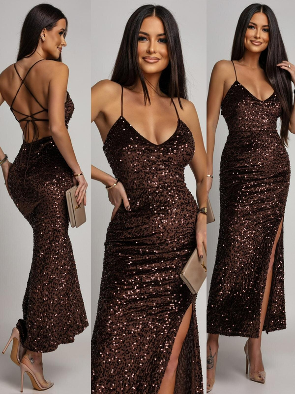 Elegancka Maxi Sukienka cekinowa Mika czekoladowy