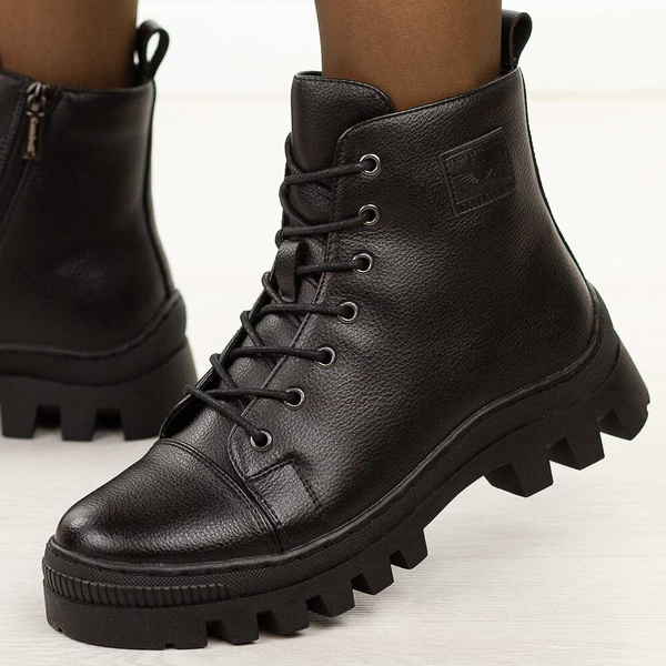 Botki damskie Czarne skórzane trzewiki ocieplane trapery - czarne