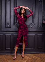 Elegancka Midi Sukienka dopasowana Rose czerwona kwiaty