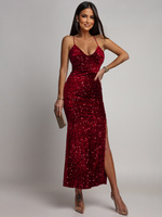 Elegancka Maxi Sukienka cekinowa Mika bordowy