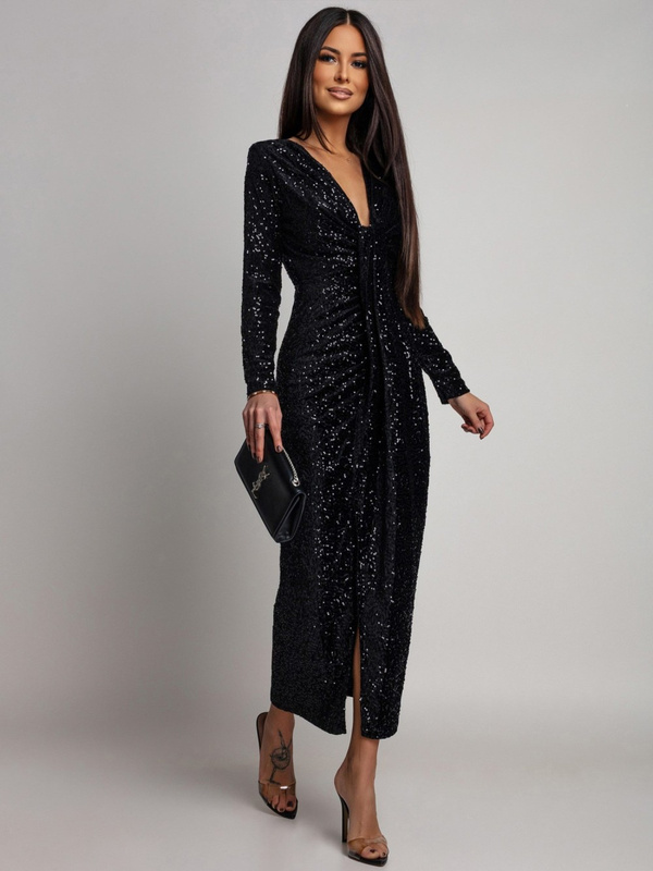 Elegancka Maxi Sukienka Cekinowa Wiola z długim rękawem czarna