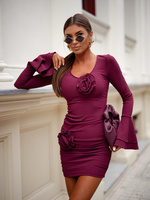 Elegancka Sukienka VENEZIA z różami i długim rękawem bordowy