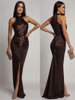 ELEGANCKA SUKIENKA MAXI Z CEKINAMI Iman  BRĄZOWA