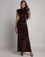 Elegancka Maxi Sukienka cekinowa Cavessa  czekoladowy