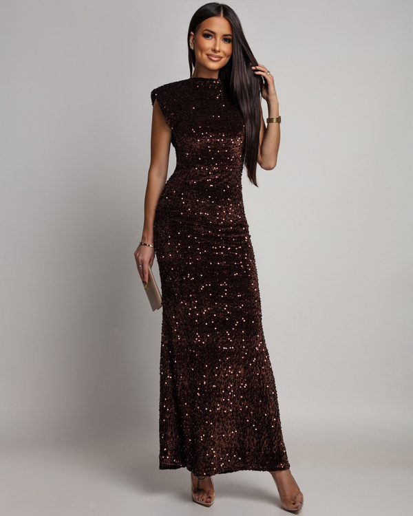 Elegancka Maxi Sukienka cekinowa Cavessa  czekoladowy
