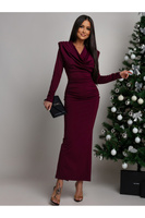 Elegancka Maxi Sukienka  z marszczeniem Misty z długim rękawem bordowa