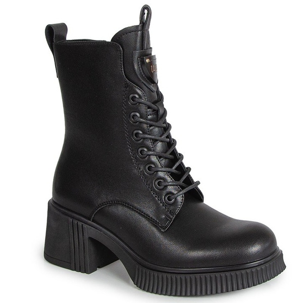 Botki damskie ze skóry naturalnej wysokie sznurowane na klocku czarne