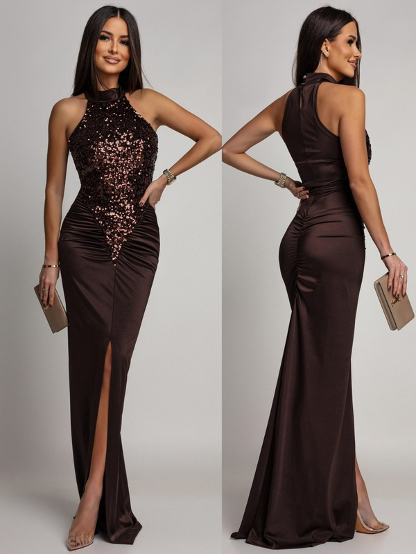 ELEGANCKA SUKIENKA MAXI Z CEKINAMI Iman  BRĄZOWA