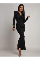 Elegancka Maxi Sukienka z marszczeniem Misty z długim rękawem czarna